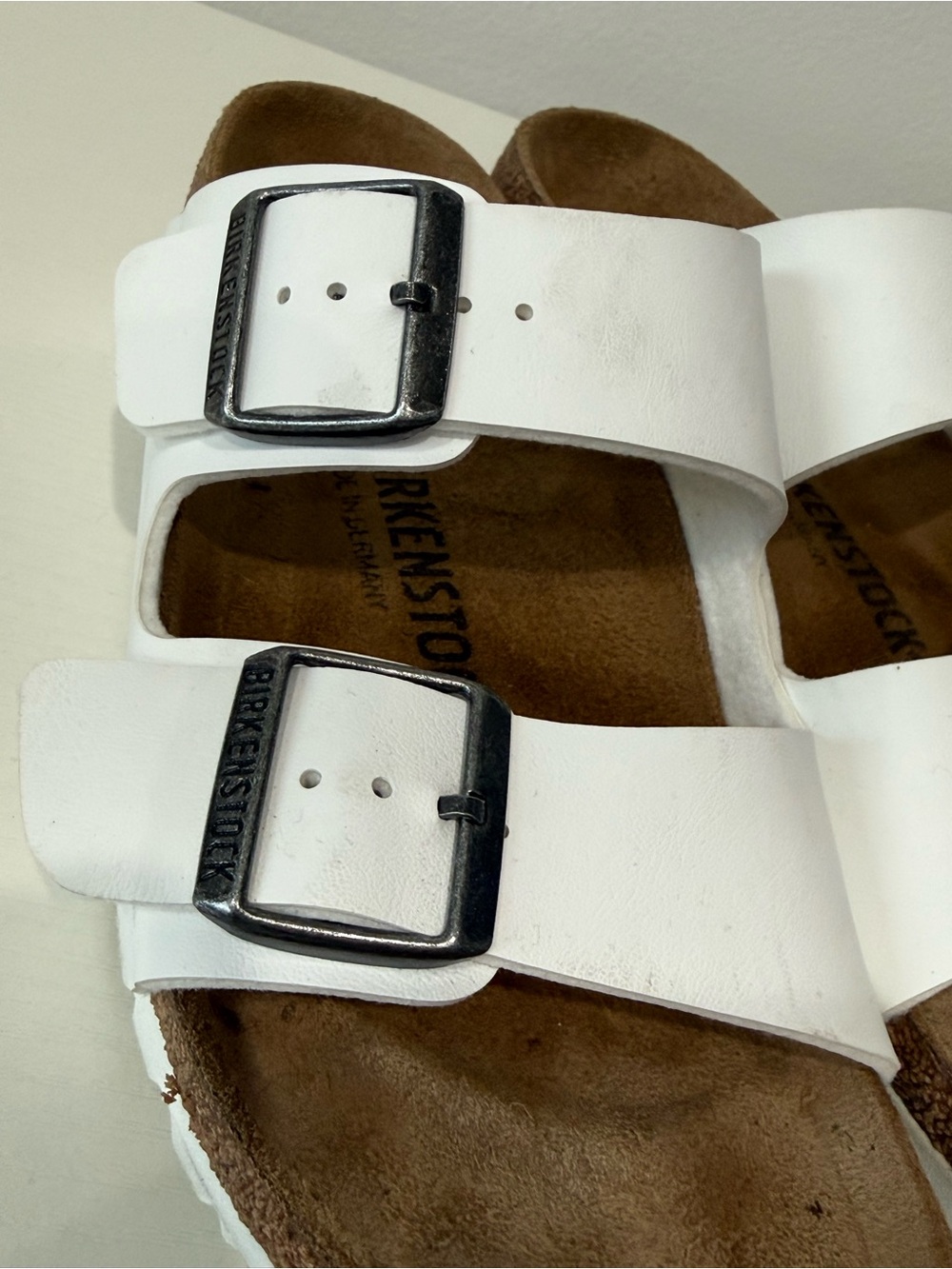 Birkenstock White Double-Strap Sandals with Buckles; worn approx 5x